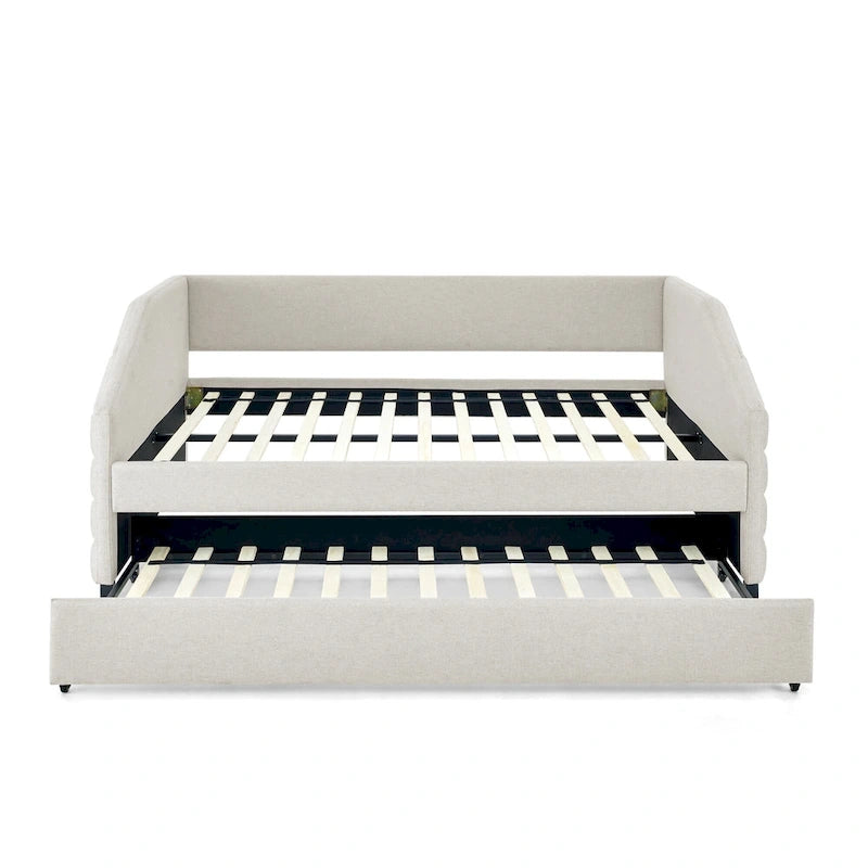 Lit banquette pleine grandeur avec lit gigogne – Canapé-lit capitonné rembourré, tissu en lin