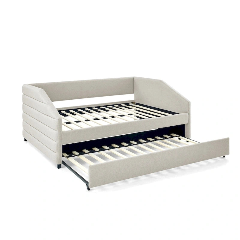 Lit banquette pleine grandeur avec lit gigogne – Canapé-lit capitonné rembourré, tissu en lin