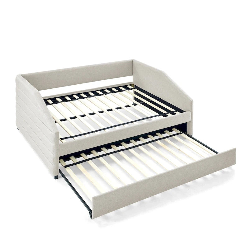 Lit banquette pleine grandeur avec lit gigogne – Canapé-lit capitonné rembourré, tissu en lin