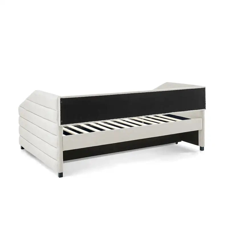 Lit banquette pleine grandeur avec lit gigogne – Canapé-lit capitonné rembourré, tissu en lin