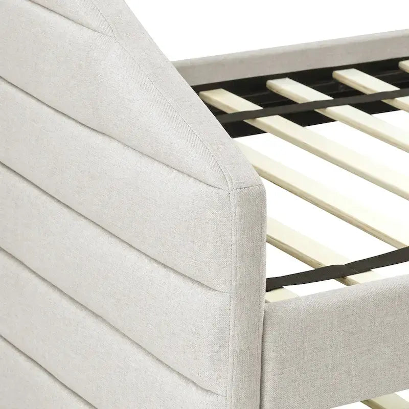Lit banquette pleine grandeur avec lit gigogne – Canapé-lit capitonné rembourré, tissu en lin