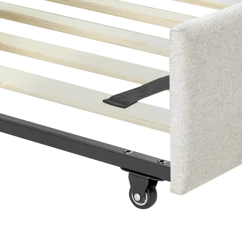 Lit banquette pleine grandeur avec lit gigogne – Canapé-lit capitonné rembourré, tissu en lin