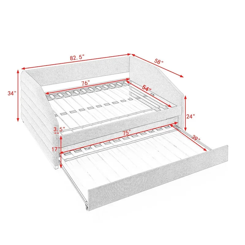 Lit banquette pleine grandeur avec lit gigogne – Canapé-lit capitonné rembourré, tissu en lin