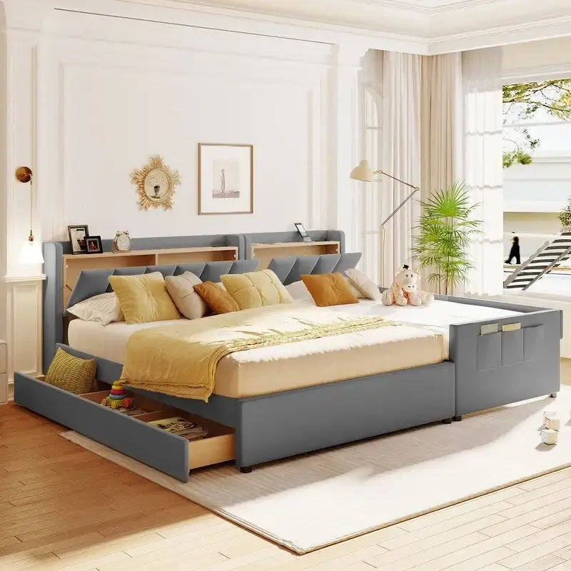 Queen Size & Twin XL Size Upholstered Platform Bed Mother & Child Bed Frame with Hydraulic Storage System