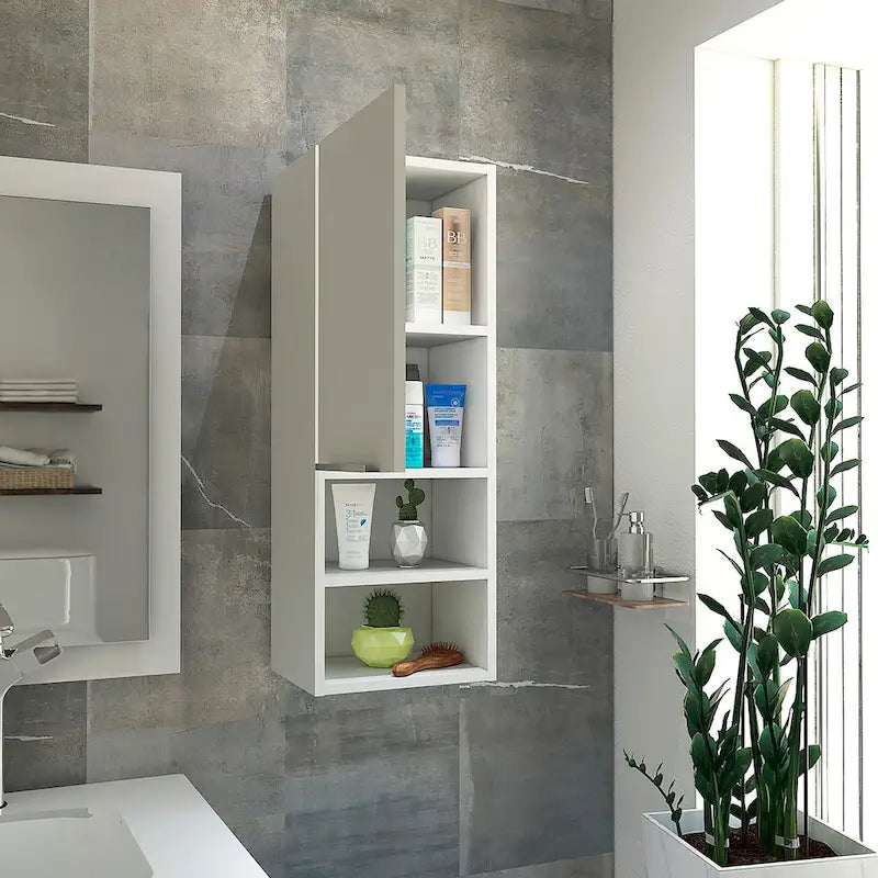 Meuble de salle de bain avec deux étagères intérieures, deux étagères extérieures, une porte – Blanc
