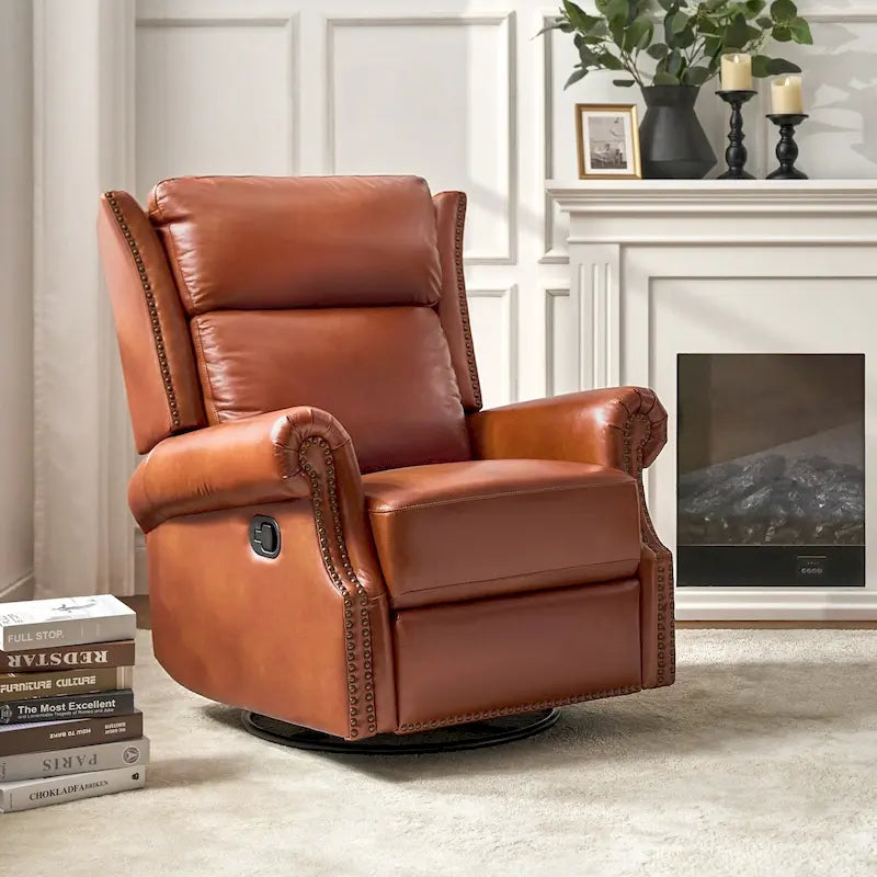 Fauteuil inclinable, pivotant et basculant manuel, traditionnel en cuir véritable
