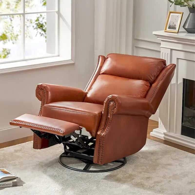 Fauteuil inclinable, pivotant et basculant manuel, traditionnel en cuir véritable