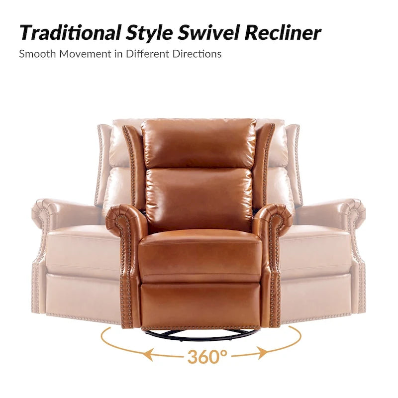Fauteuil inclinable, pivotant et basculant manuel, traditionnel en cuir véritable