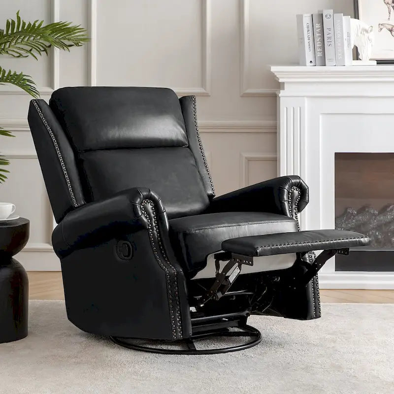 Fauteuil inclinable, pivotant et basculant manuel, traditionnel en cuir véritable
