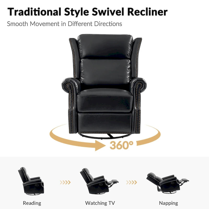 Fauteuil inclinable, pivotant et basculant manuel, traditionnel en cuir véritable