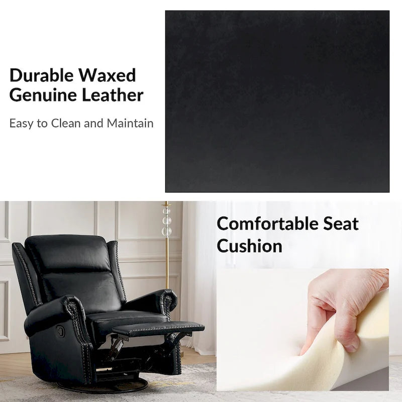 Fauteuil inclinable, pivotant et basculant manuel, traditionnel en cuir véritable