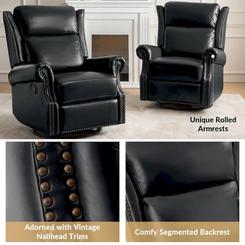 Fauteuil inclinable, pivotant et basculant manuel, traditionnel en cuir véritable
