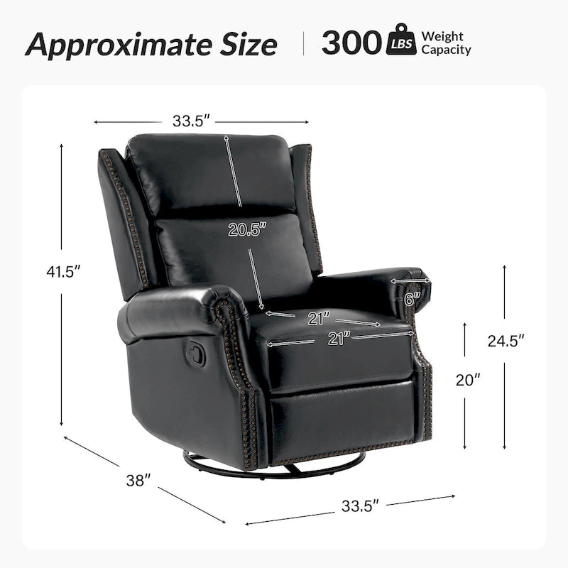Fauteuil inclinable, pivotant et basculant manuel, traditionnel en cuir véritable
