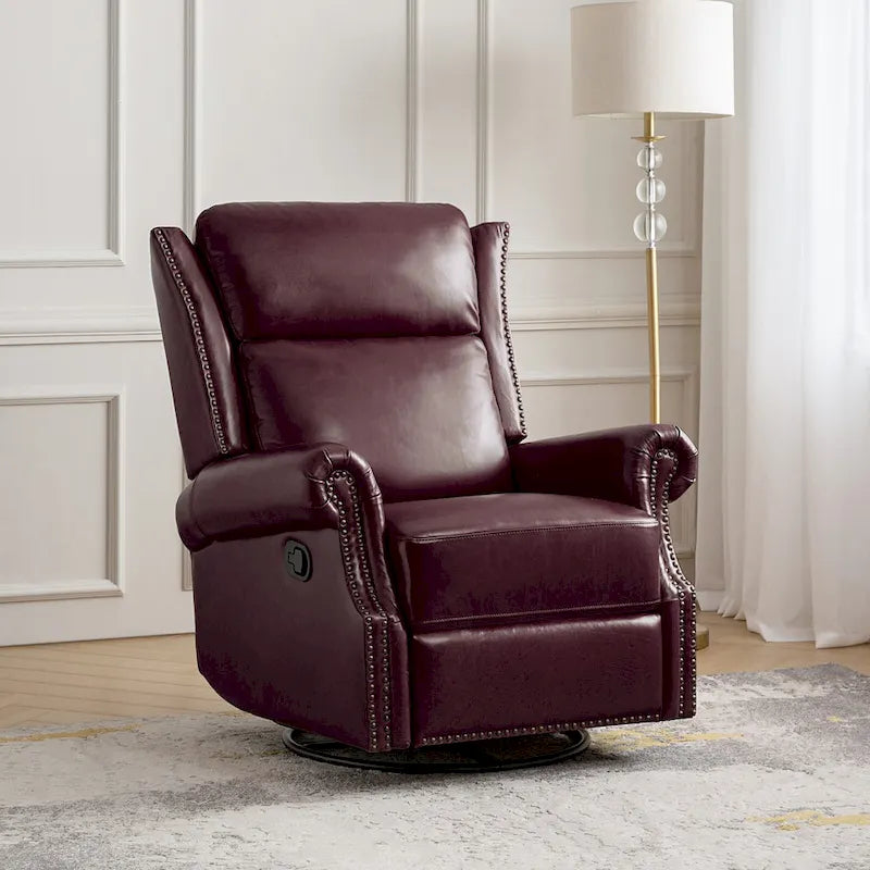 Fauteuil inclinable, pivotant et basculant manuel, traditionnel en cuir véritable