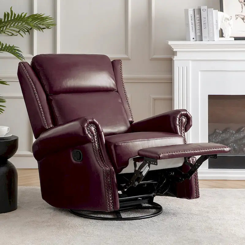 Fauteuil inclinable, pivotant et basculant manuel, traditionnel en cuir véritable