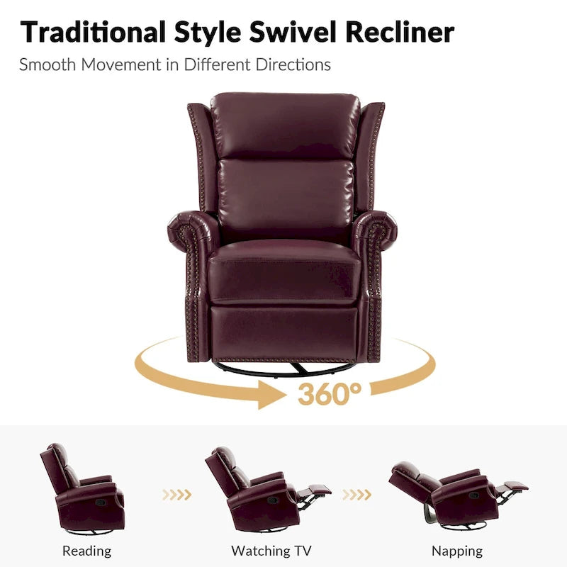 Fauteuil inclinable, pivotant et basculant manuel, traditionnel en cuir véritable