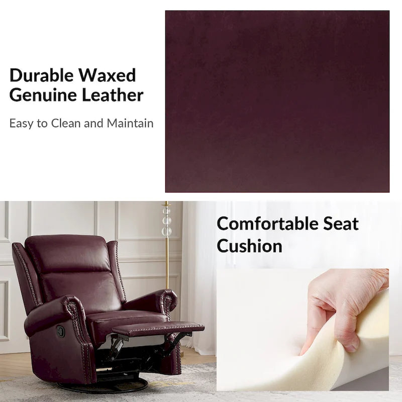 Fauteuil inclinable, pivotant et basculant manuel, traditionnel en cuir véritable