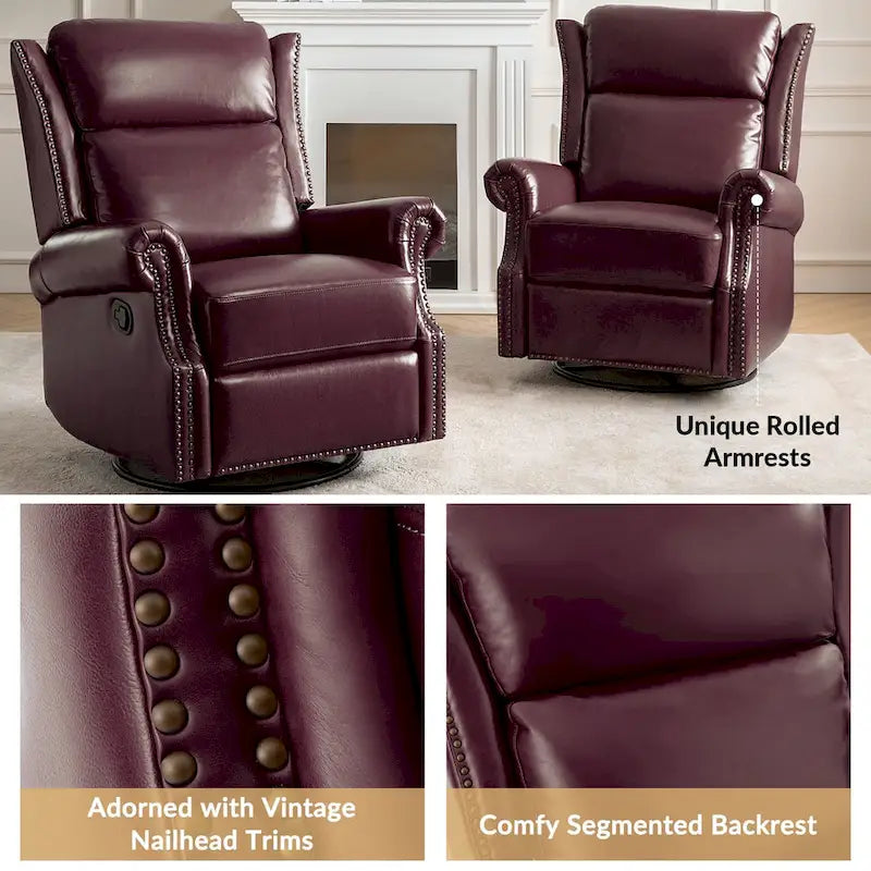 Fauteuil inclinable, pivotant et basculant manuel, traditionnel en cuir véritable