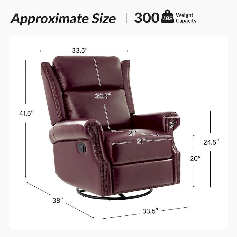 Fauteuil inclinable, pivotant et basculant manuel, traditionnel en cuir véritable