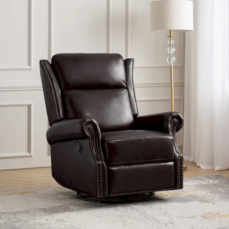 Fauteuil inclinable, pivotant et basculant manuel, traditionnel en cuir véritable