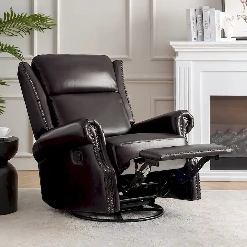 Fauteuil inclinable, pivotant et basculant manuel, traditionnel en cuir véritable