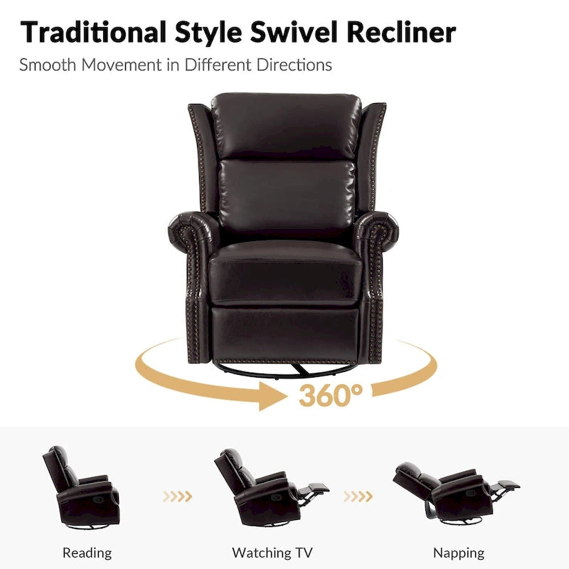 Fauteuil inclinable, pivotant et basculant manuel, traditionnel en cuir véritable