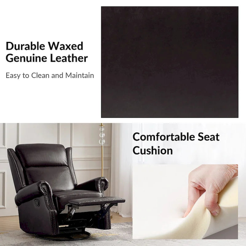 Fauteuil inclinable, pivotant et basculant manuel, traditionnel en cuir véritable