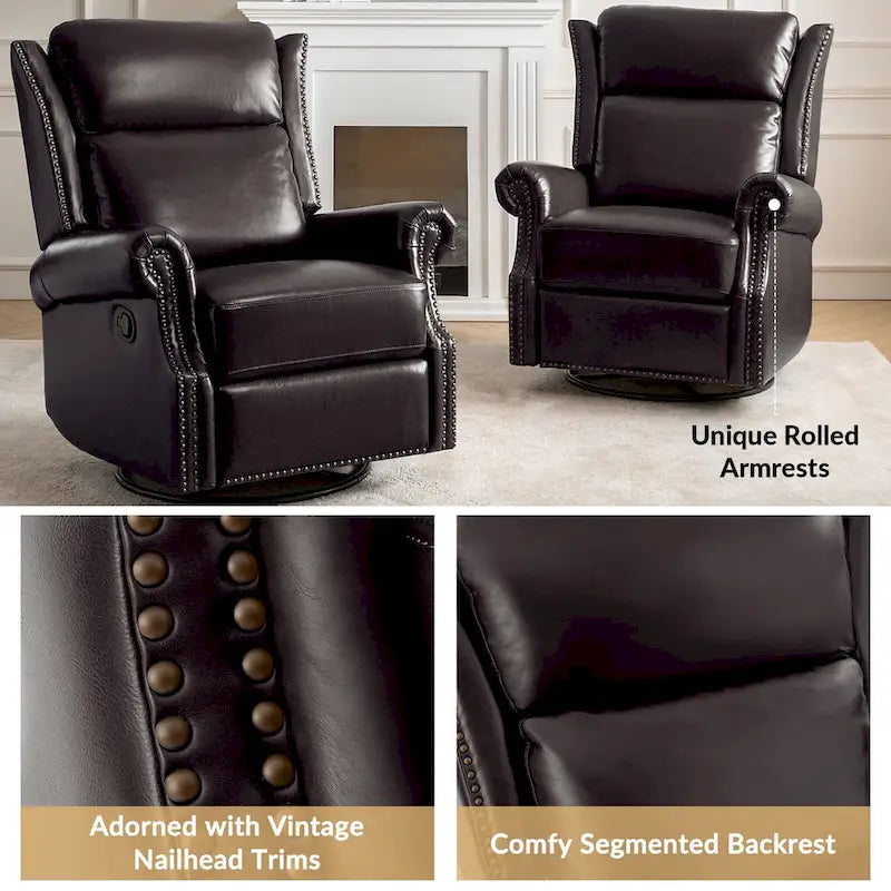 Fauteuil inclinable, pivotant et basculant manuel, traditionnel en cuir véritable