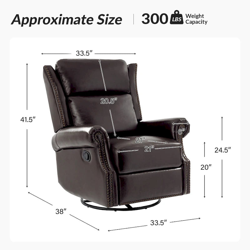 Fauteuil inclinable, pivotant et basculant manuel, traditionnel en cuir véritable