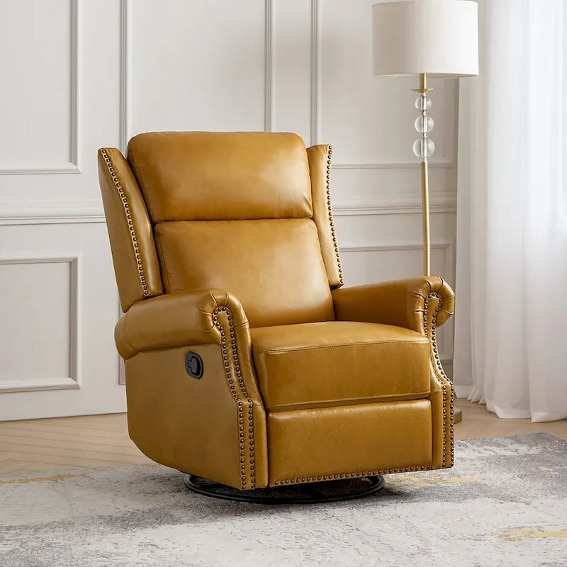 Fauteuil inclinable, pivotant et basculant manuel, traditionnel en cuir véritable