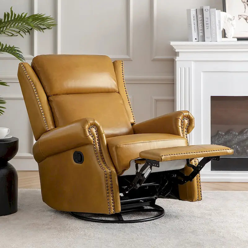 Fauteuil inclinable, pivotant et basculant manuel, traditionnel en cuir véritable
