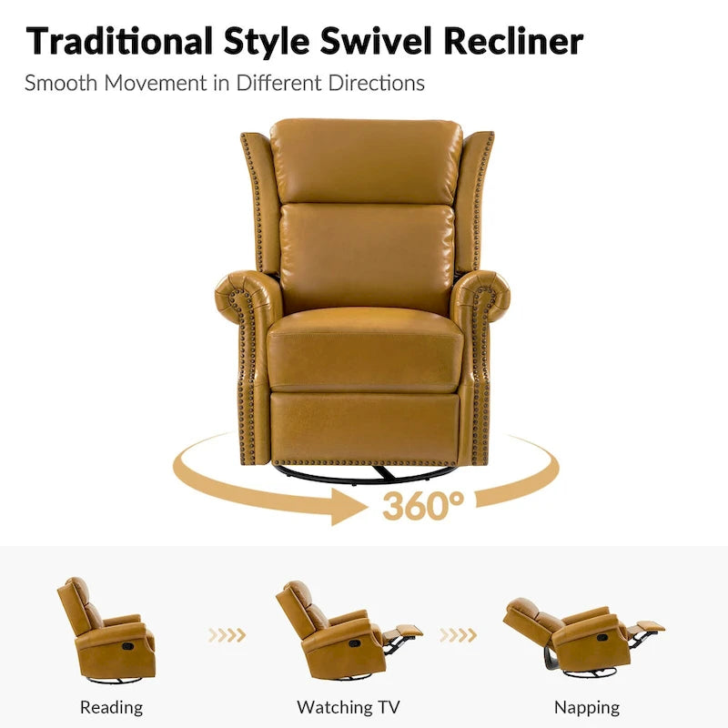 Fauteuil inclinable, pivotant et basculant manuel, traditionnel en cuir véritable