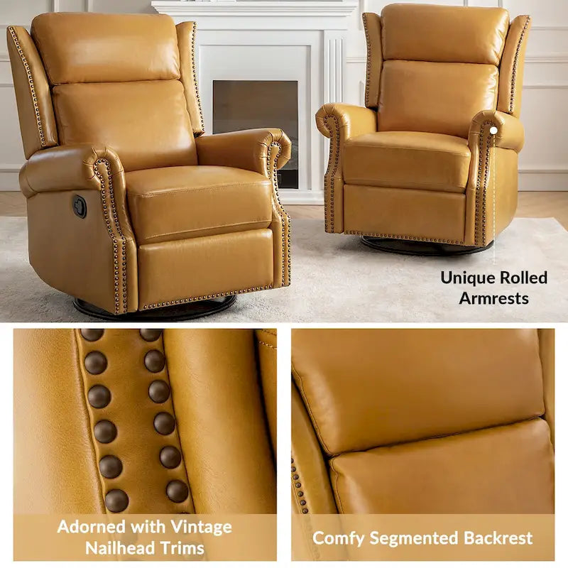 Fauteuil inclinable, pivotant et basculant manuel, traditionnel en cuir véritable